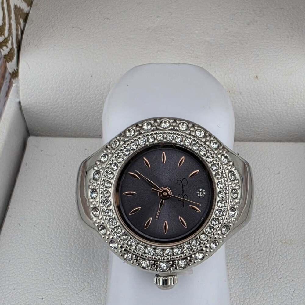 Jessica Simpson Crystal Pave Ring Watch Silver Tone Black Dial Stretch Band NWT